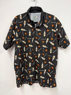 Black Short-Sleeve Button-Down Shirt with Tito's vodka Orange Bottle Print S